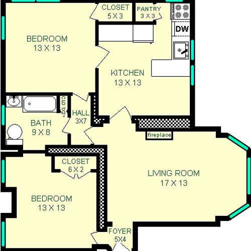 Armeria two bedroom floorplan shows a living room, two bedrooms, kitchen, bathroom and hall. There are also two closets shown.