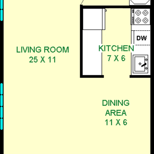 Polidori Studio Floorplan shows roughly 445 square feet, with a living room, dining area, kitchen, and closets.