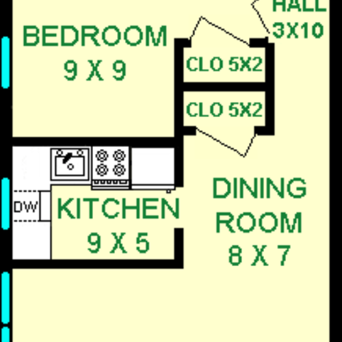 Faulkner Bedroom Plus Den/Office floorplan shows roughly 658 square feet, with bedroom, den/office, a living room, dining room, kitchen, bathroom, foyer and closets.