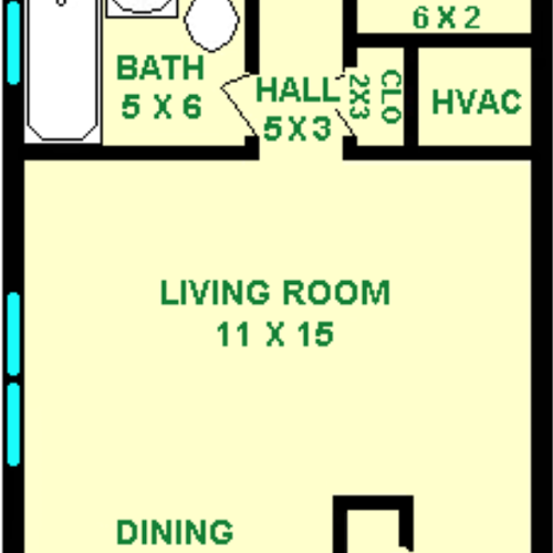 Lanner one bedroom floor plan shows roughly 585 square feet, with a bedroom, bathroom, living room, dining room and kitchen.
