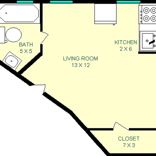 Russel Floorplan shows roughly 200 square feet, with a living room, kitchen, closet and bathroom.