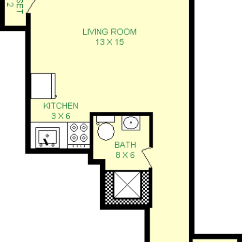 Iwatani studio floorplan shows roughly 325 square feet, with a living room, bathroom, foyer, kitchen and closets.
