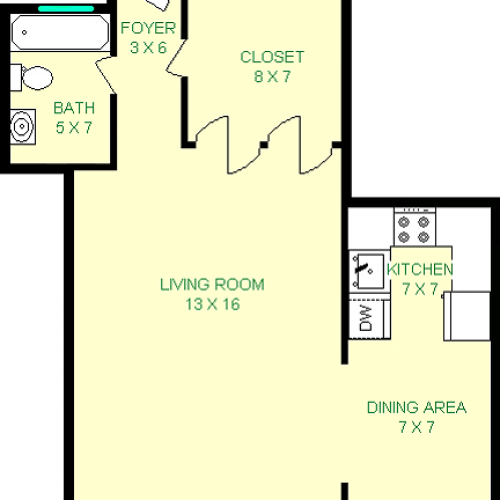 Jarvis studio floorplan shows roughly 405 square feet, featuring a living room, closet, bathroom, dining area and kitchen