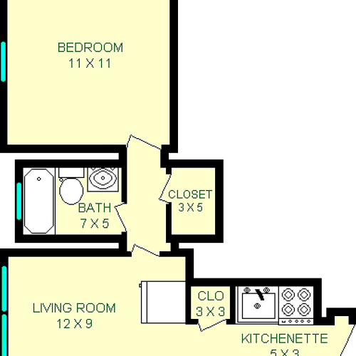 Romero One Bedroom Floorplan shows roughly 365 square feet, with a kitchenette, living room, bathroom, bedroom and two closets.