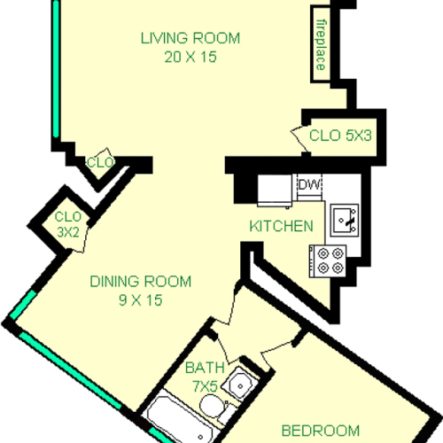 Dabney One Bedroom Floorplan shows roughly660 square feet, with a lviing room, bathroom, dining room,  bedroom, kitchen and multiple closets.