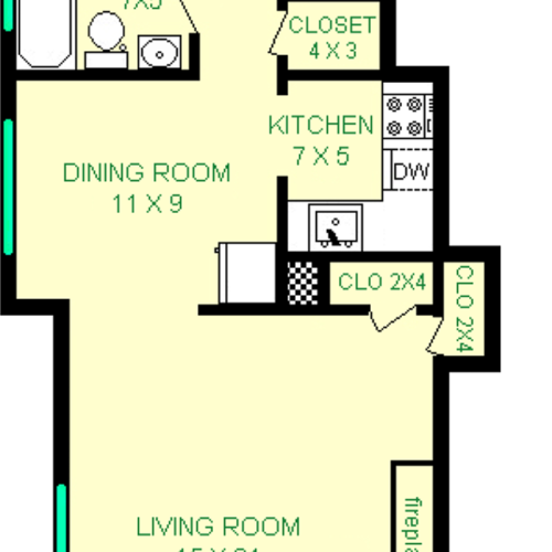 Bristow shows roughly 750 square feet, with a foyer, living room, dining room, bedroom, bathroom, kitchen and closets.