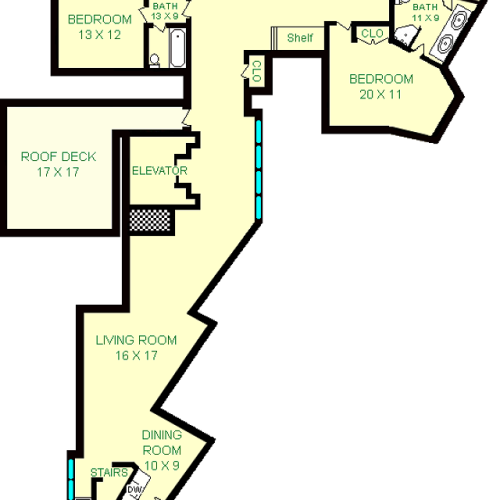 Miyamoto floorplan shows roughly 2300 square feet, with three bedrooms, two bathrooms, a living room, dining room, kitchen and deck.