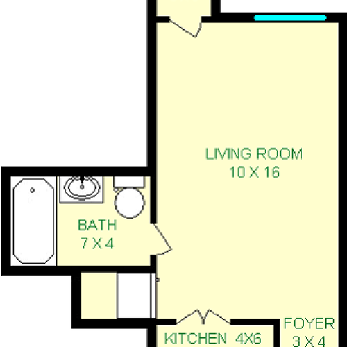 Bartok studio floorplan shows roughly 235 square feet, with a living room connected to a closet kitchen, a private bathroom and a closet.