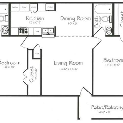 2 Bedroom 2 Bathroom Floorplan | Bayou Shadows Apartment Homes