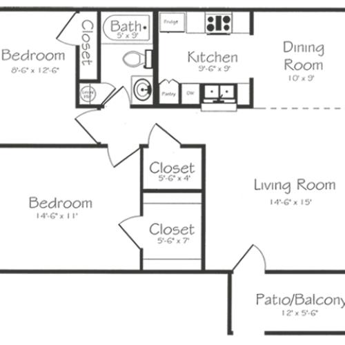 2 Bedroom 1 Bathroom Floorplan | Bayou Shadows Apartment Homes
