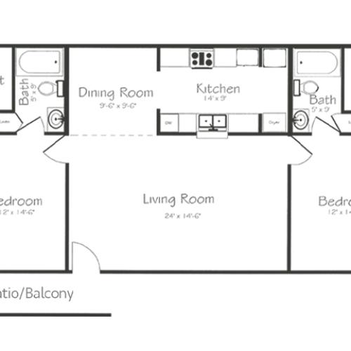 2 Bedroom 2 Bathroom Floorplan | Bayou Shadows Apartment Homes