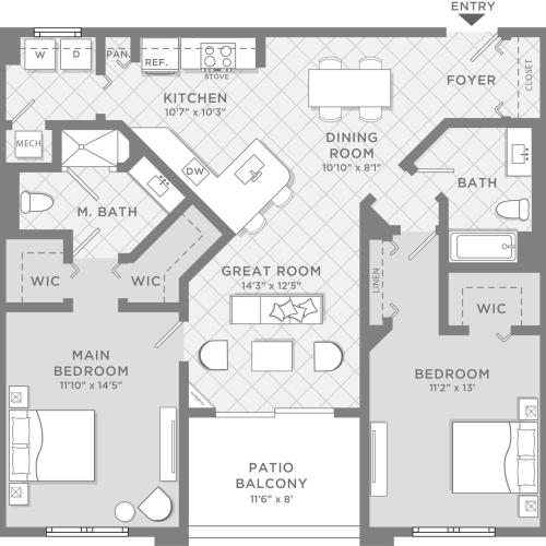 The Provencia two bedroom two bathroom floor plan, 1,188 sq. ft.
