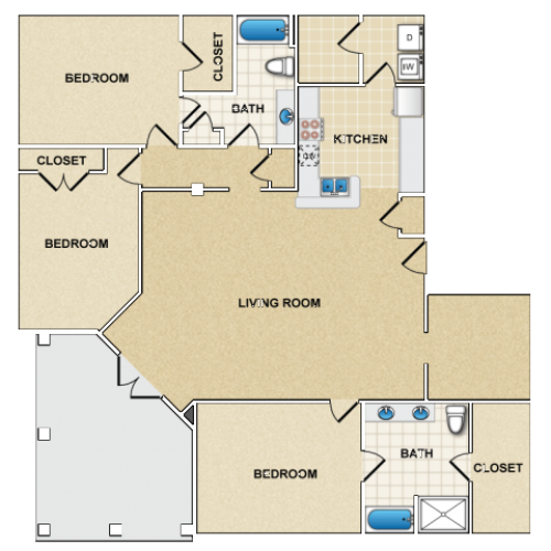 three bedroom two bathroom apartment