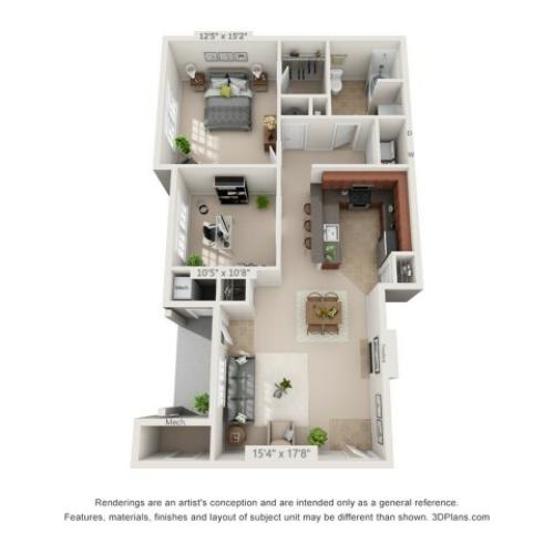 Bedford Floorplan 1 bedroom 1 bath with den