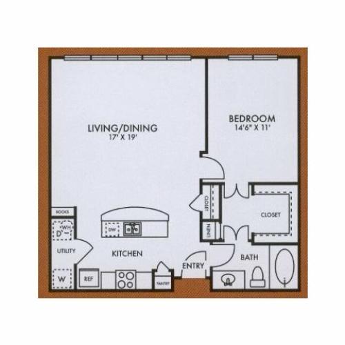 A5 one bed, one bath with kitchen island and large closet