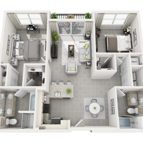 St. Vincent two bedroom two bathroom 3D floor plan