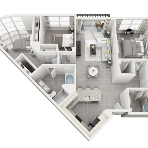 Isla Grande three bedroom two bathroom 3D floor plan