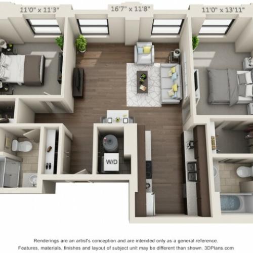 B02-TWO BEDROOMS/ TWO BATHROOMS- 976 Sq. Ft.