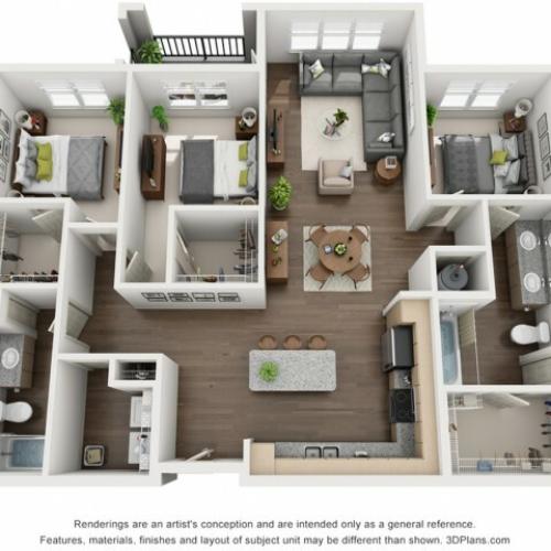 Roberto 1350 Square Feet Three Bedroom | Two Bathroom.  Available with single balcony, double balcony or without. Select homes have variations in the master bedroom closet.  Square footage varies based on selected home. Please see an agent