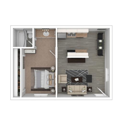 3D Furnished Rendering of 1-Bedroom Floor Plan