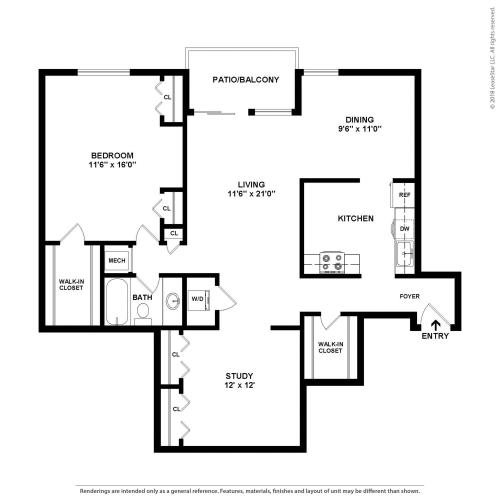 1 Bedroom/1 Bath AD1 2D Floor Plan