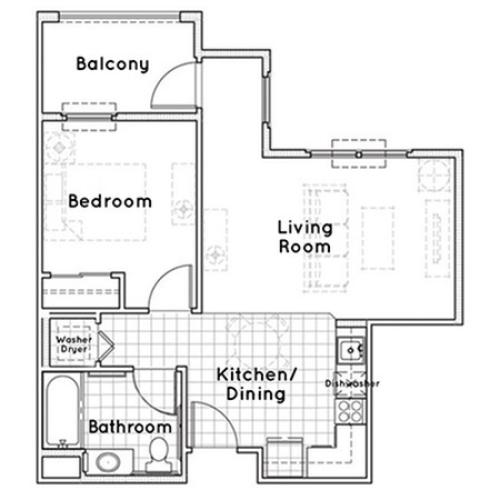Sunflower floor plan - 600 square feet - 1 bed, 1bath