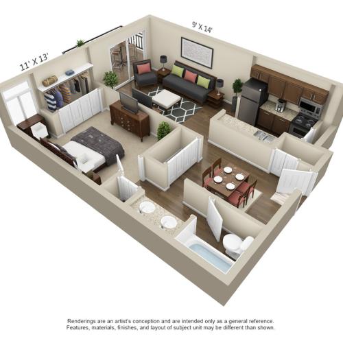 One Bedroom/One Bathroom 3D Floor Plan