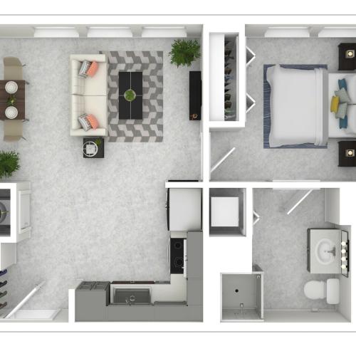 3D - 1x1b floor plan image