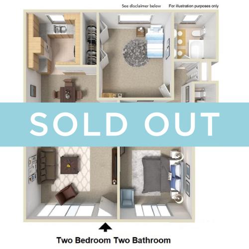 Two bedroom two bath floor plan image showing open living room and dining room, open concept kitchen, two bathrooms, and two spacious bedrooms