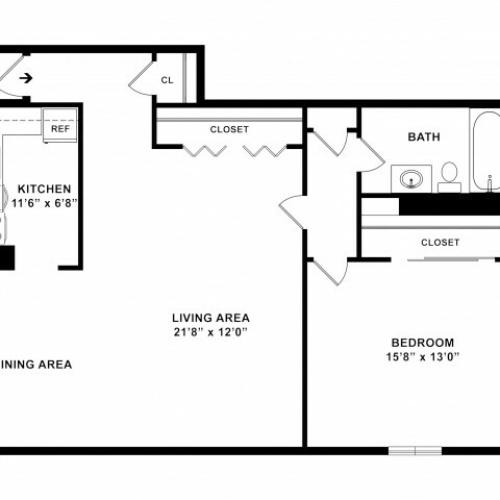 930 sq ft 1BR/1BA Plus Floorplan