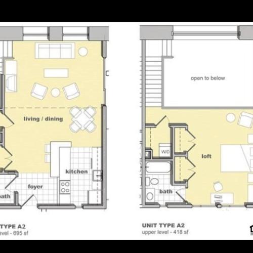 1 bedroom 1.5 bathroom floorplan. Living space and kitchen with lofted bedroom upstairs