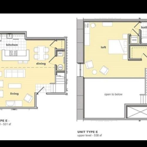 1 bedroom, 1 bathroom floorplan. Living space and kitchen with lofted bedroom upstairs