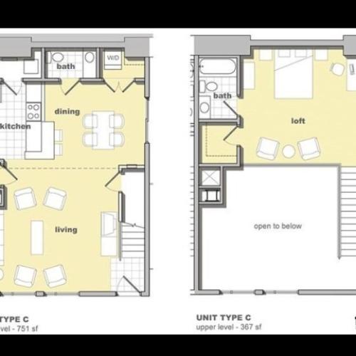 1 bedroom 1.5 bathroom floorplan. Living space and kitchen with lofted bedroom upstairs