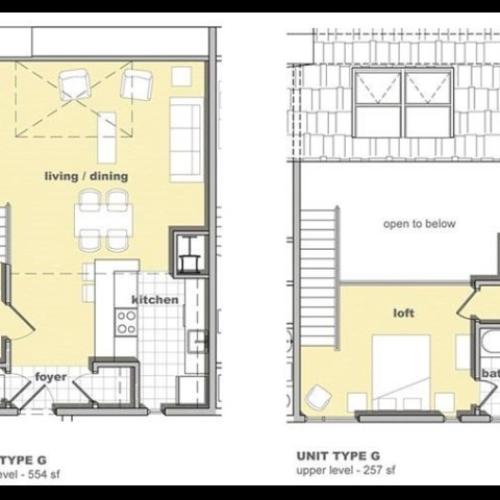 1 bedroom 1 bathroom floorplan. Living space and kitchen with lofted bedroom upstairs