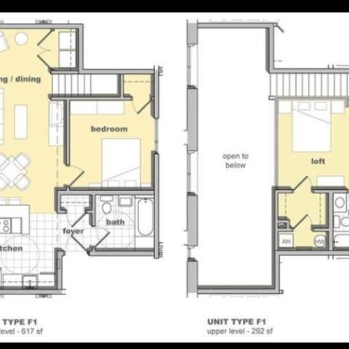 2 bedroom, 2 bathroom floorplan. Living space, kitchen, full bathroom, and 1 bed room on the first floor. A second bedroom with bathroom is lofted upstairs