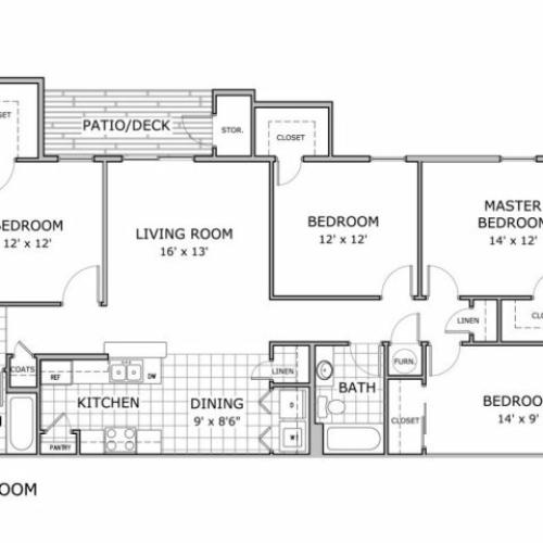 Floor plan image of 4 bedroom apartment in phase 2 building at Battlefield Park Apartments