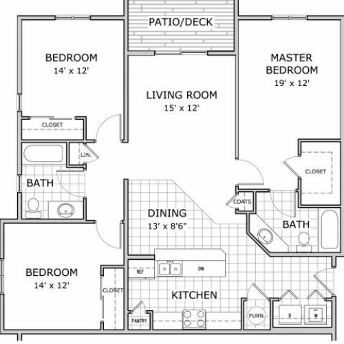 floor plan image for 3 bedroom and 2 bathroom apartment home at Coryell Courts
