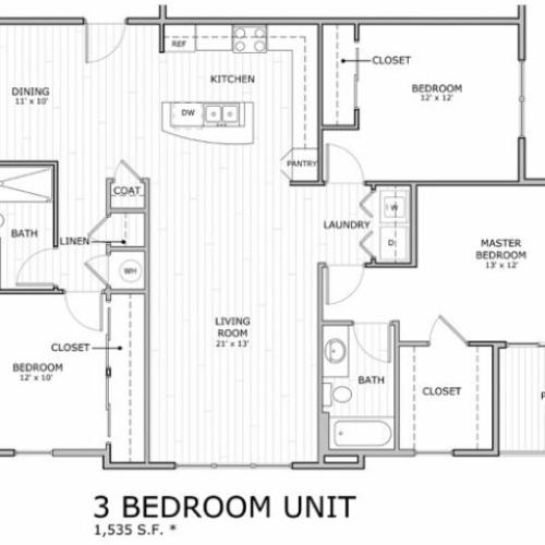 floor plan image of 3 bedroom apartment home