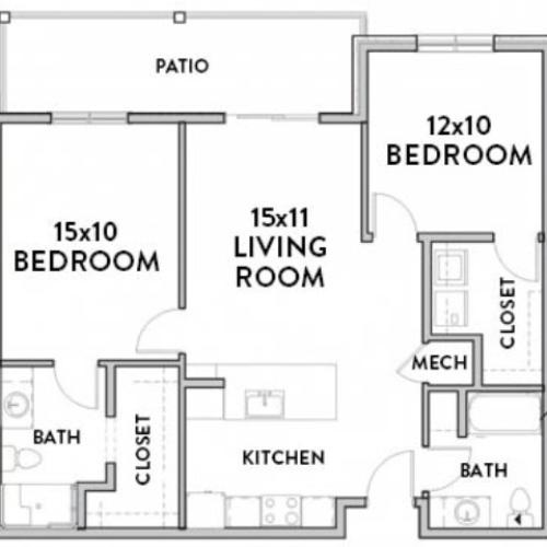 2 Bedroom B Floor Plan with Room Dimensions