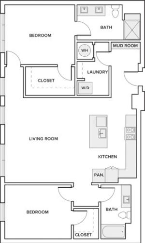 1319 square foot two bedroom two bath apartment floorplan image