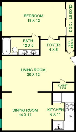 West End One Bedroom Floorplan shows roughly 760 square feet, a living room, bedroom, bathroom, dining room and kitchen.