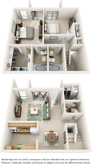 Orange Blossom 2 bedrooms 2.5 bathrooms floor plan with premium cabinetry