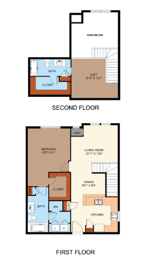 One Bedroom, loft apartment with two bathrooms and walk-in closets.