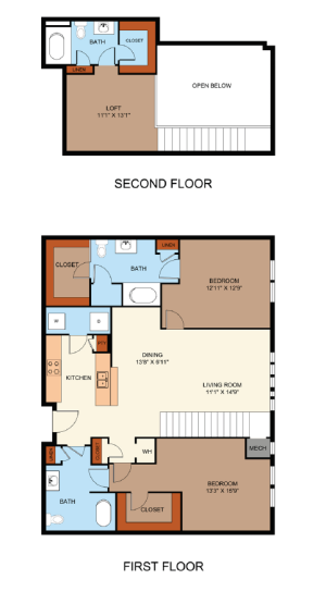 Two Bedroom/Loft townhome apartment with laundry room.