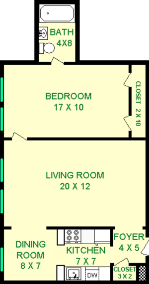 Grieg One Bedroom floorplan shows roughly 720 square feet with a bedroom, captive bathroom, living room, dining room, kitchen and closets.