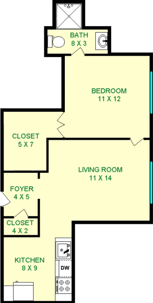 Marconi One Bedroom Floorplan shows roughly 450 square feet with a bathroom, bedroom, living room, kitchen, foyer and closets.