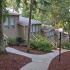 Carriage Hill Apartments Exterior: sloped walkway with lamps, shaded by trees, and stairs into apartments with windows.