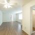 Beach Villas Apartments, interior, spacious living room, wood floors, ceiling fan, doorway to bedroom, mirrored closet door