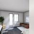 The Meridian apartment living room rendering looking into kitchen