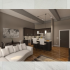 Crescendo Apartments, interior, open concept, kitchen, living room, dining room, wood flooring, white couch, table and chairs, island with breakfast bar, dark cabinets, stainless steel appliances, high ceilings